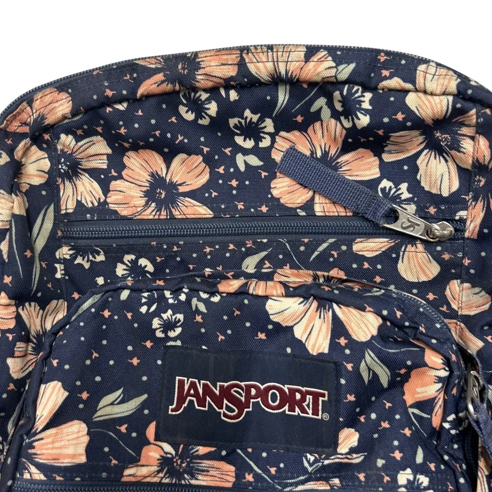 Jansport Navy & Pink Hibiscus Backpack Cross Town Student Bag Multiple Pockets